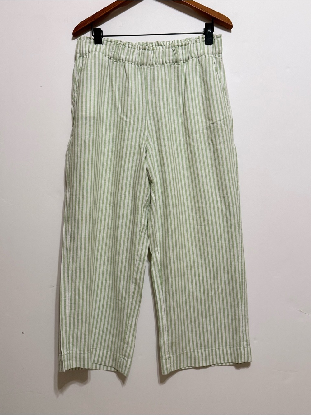 Loft Outlet green & white striped wide leg crop pants